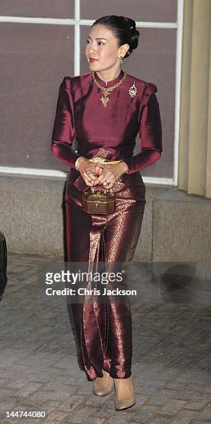 Princess Srirasm of Thailand attends a dinner for foreign Sovereigns to commemorate the Diamond Jubilee at Buckingham Palace on May 18, 2012 in...