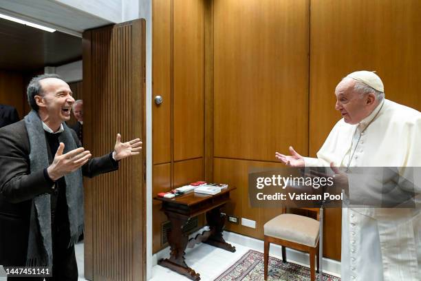 Pope Francis meets with Italian actor and director Roberto Benigni at Paul VI Hall on December 07, 2022 in Vatican City, Vatican. Before the General...