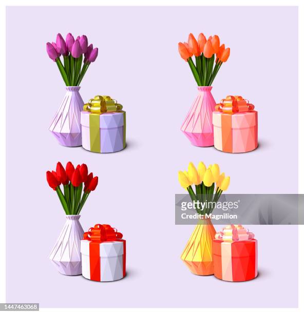 tulip bouquet in a vase, flowers tulips with gift boxes present vector set - flower shop stock illustrations