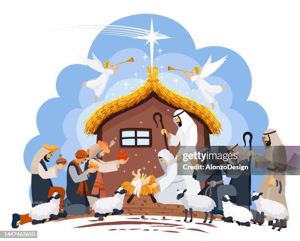 holy night. christmas night. birth of jesus. three wise men. shepherd. nativity scene. - soul singer stock illustrations
