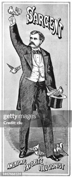 sargent, american illusionist, holding a stovepipe hat and birds - magic trick stock illustrations