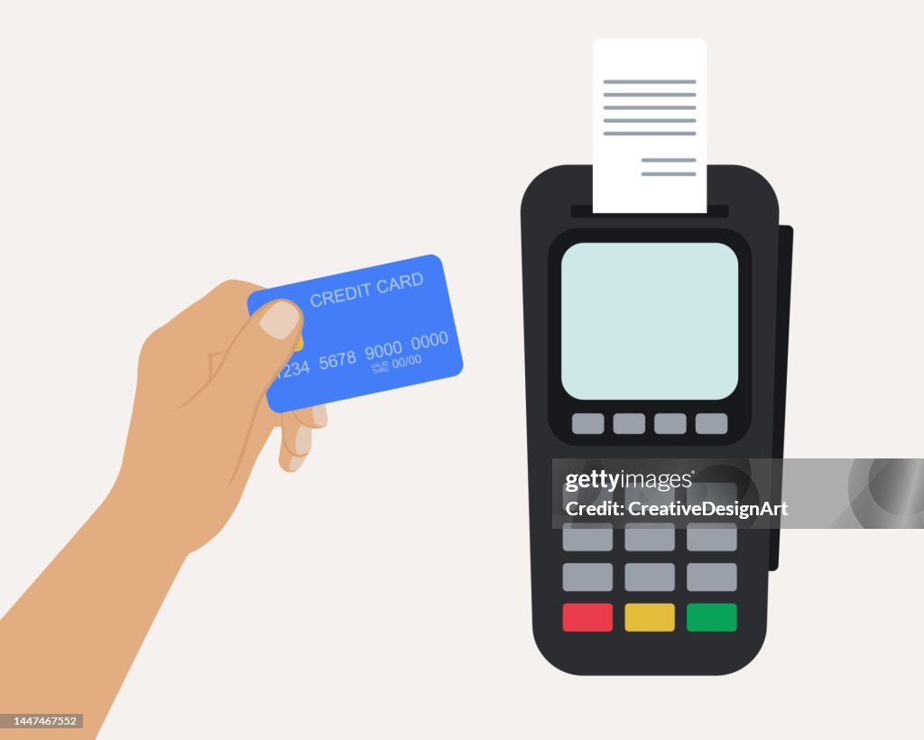 Contactless Payment By Credit Card And POS Terminal. Hand Holding Credit Card