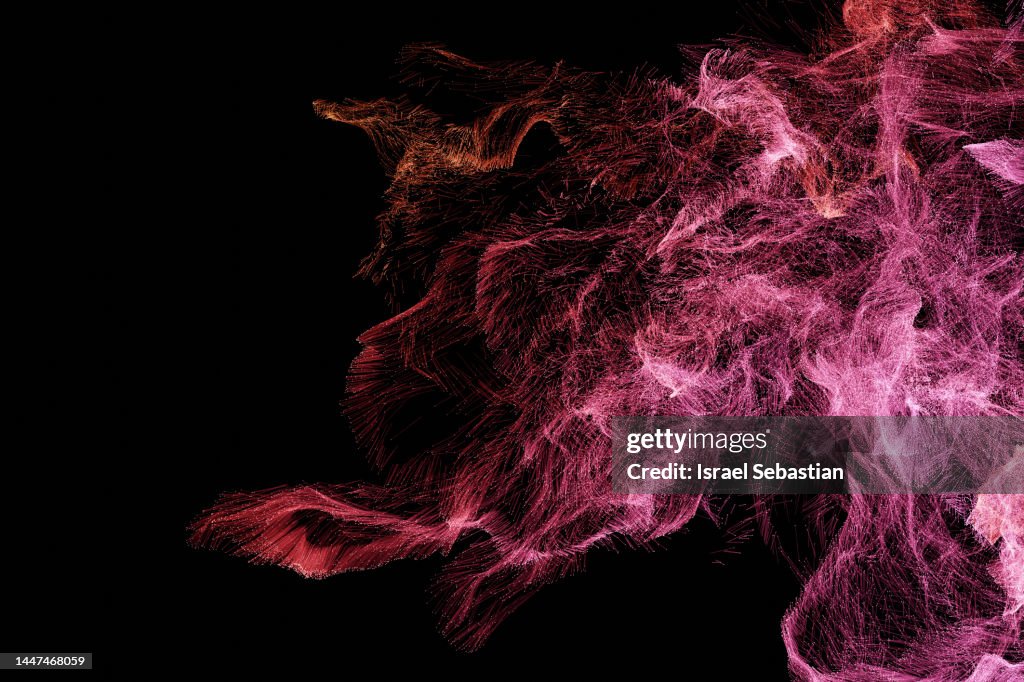 Illustration 3D from abstract pink particles on black background. With copy space on left.
