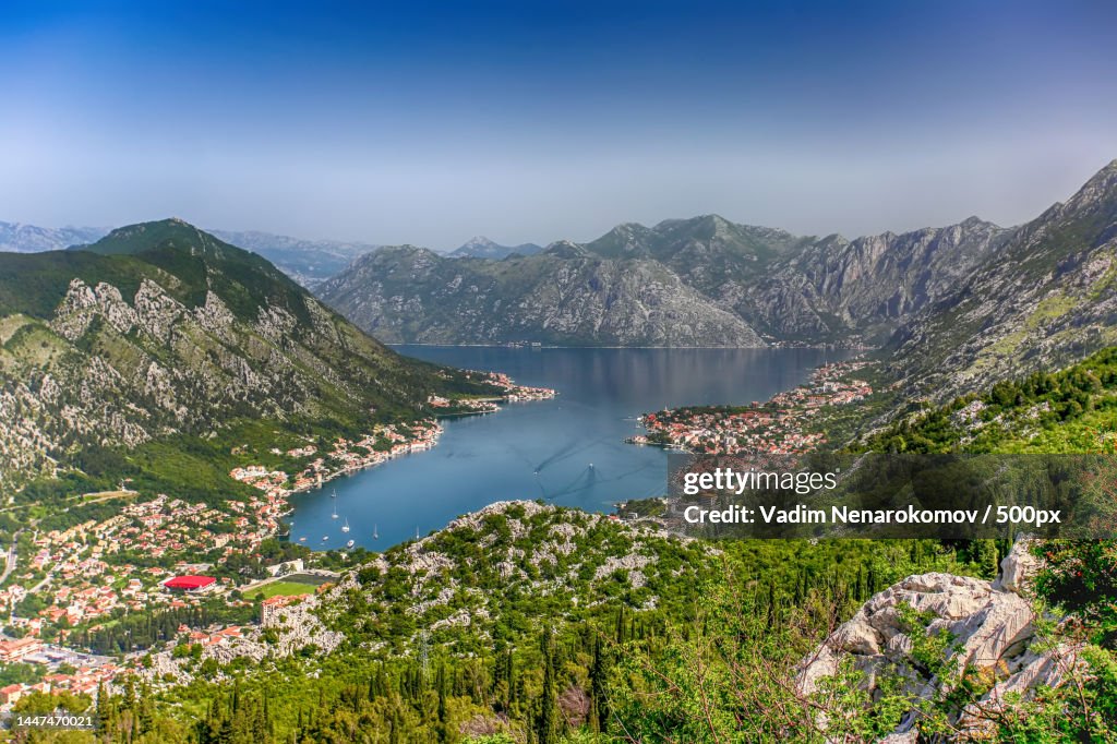 Scenic view of lake and mountains against sky,Tivat,Montenegro