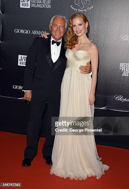 Designer Giorgio Armani and actress Jessica Chastain attend the Haiti Carnival In Cannes Benefitting J/P HRO, Artists For Peace and Justice & Happy...