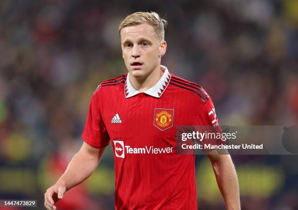 Donny van de Beek of Manchester United in action during the friendly match between Cadiz CF and Manchester United at Nuevo Mirandilla on December 07,...