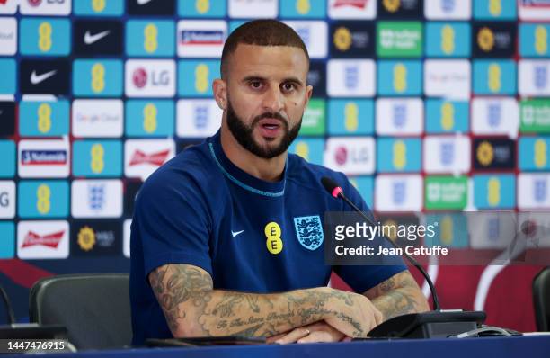 Kyle Walker of England answers to the media during a press conference following England training session at Al Wakrah Stadium on December 7, 2022 in...