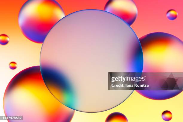 multicolored chemical rainbow 3d bubbles and place for text and product. - globe party stock pictures, royalty-free photos & images