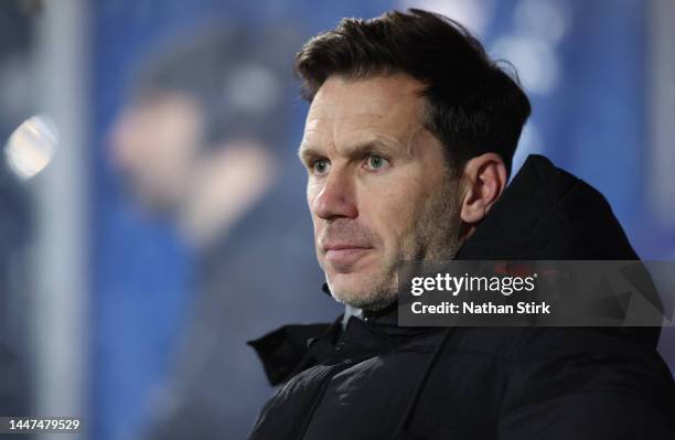 Gareth Taylor manager of Manchester prior to the FA Women's Continental Tyres League Cup match between Liverpool and Manchester City at Prenton Park...