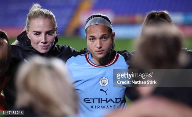 Deyna Castellanos of Manchester City gathers in a team huddle prior to the FA Women's Continental Tyres League Cup match between Liverpool and...