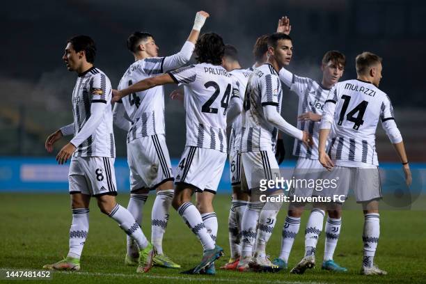 Players of Juventus Next Gen celebrate after winning during the Coppa Italia Serie C match between Padova and Juventus Next Gen at Stadio Euganeo on...