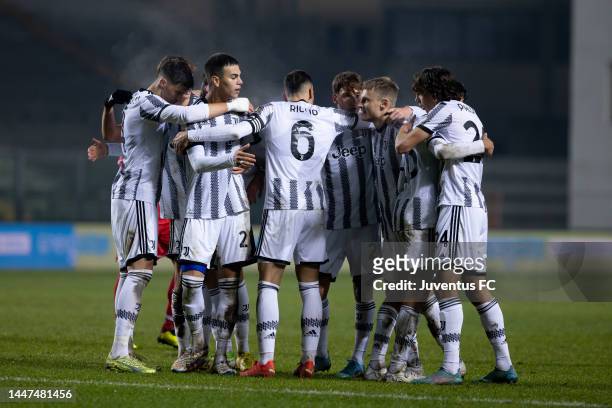 Players of Juventus Next Gen celebrate after winning during the Coppa Italia Serie C match between Padova and Juventus Next Gen at Stadio Euganeo on...