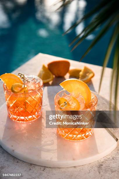 close-up of glasses with spritz. - elegant cocktail party stockfoto's en -beelden