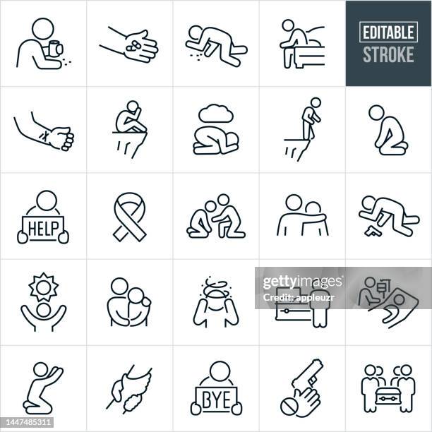 ilustraciones, imágenes clip art, dibujos animados e iconos de stock de conciencia y prevención del suicidio iconos de línea delgada - accidente cerebrovascular editable - los iconos incluyen prevención del suicidio, suicidio, conciencia del suicidio, intento de suicidio, pistola, sobredosis, cinta de conciencia, salud ment - cadáver