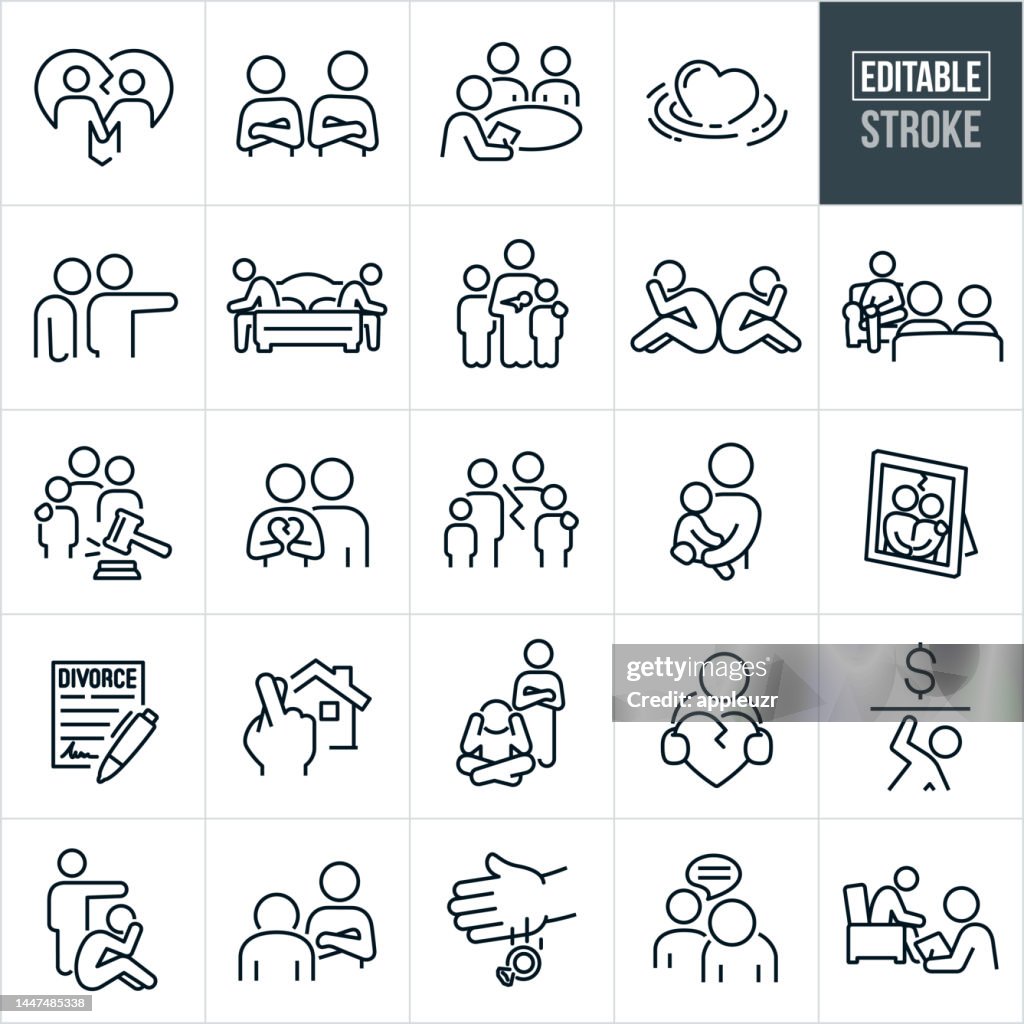 Divorce Thin Line Icons - Editable Stroke - Icons Include Divorce, Divorcee, Relationships, Husband, Wife, Partners, Separation, Annulment, Splitting-Up, Breaking Up, Fighting, Arguing, Man, Woman, Boyfriend, Girlfriend, Family