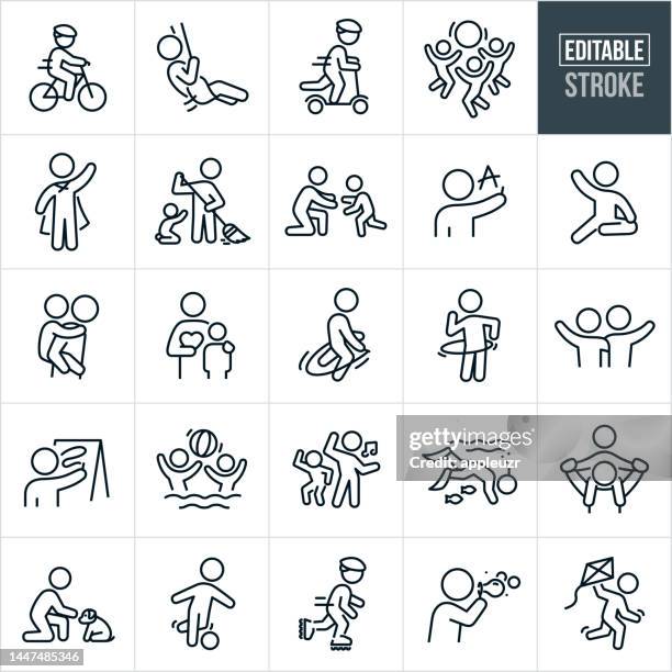 children thin line icons - editable stroke - icons include children, little boy, little girl, riding bike, children playing, parent, development, young child, youngster, piggyback ride, happiness, imagination, dancing, wearing cape - swing icon stock illustrations