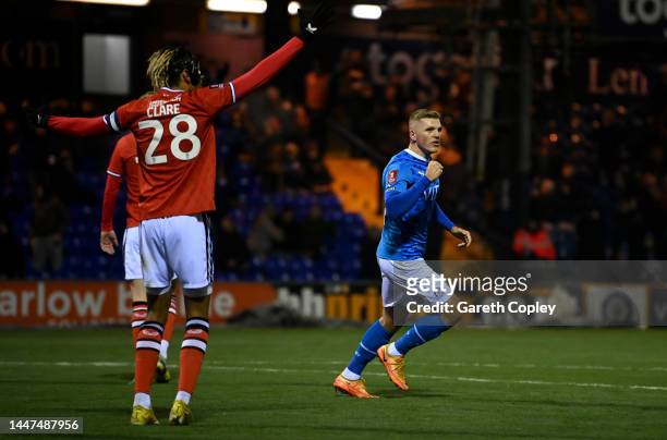 Will Collar of Stockport celebrates scoring their opening goal Emirates FA Cup Second Round Replay between Stockport County and Charlton Athletic at...