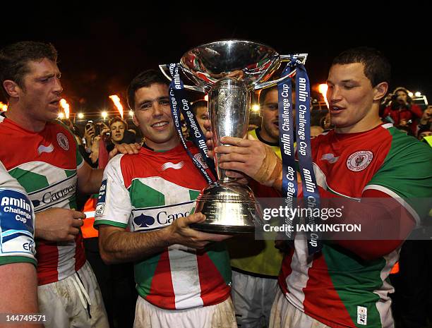 Dimitri Yachvili of Biarritz and teammate Wenceslas Lauret celebrate with the trophy after winning 21-18 during the European Challenge Cup Final...