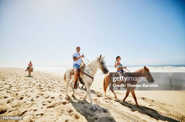 extreme wide shot of family on horseback ride on tropical beach - family adventure imagens e fotografias de stock