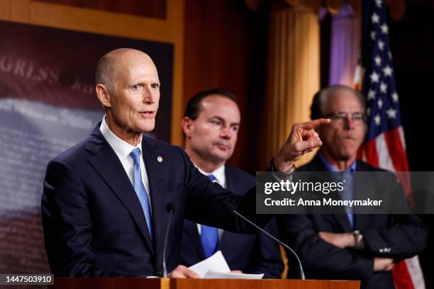 Sen. Rick Scott speaks at a news conference on government spending at the U.S. Capitol Building on December 07, 2022 in Washington, DC. GOP Senators...