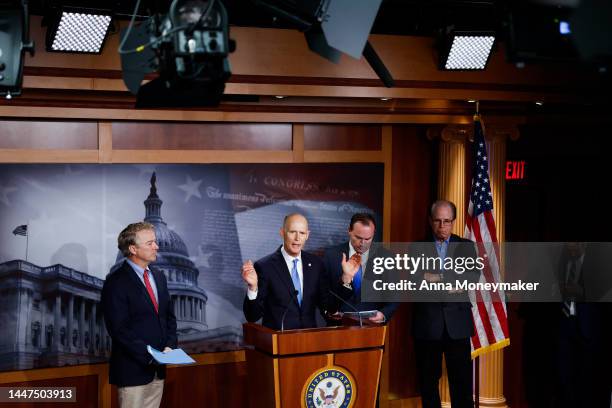 Sen. Rick Scott speaks at a news conference on government spending at the U.S. Capitol Building on December 07, 2022 in Washington, DC. GOP Senators...