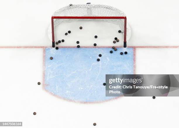 General view of warm-up pucks in a net prior to a game between the Los Angeles Kings and Ottawa Senators at Canadian Tire Centre on December 06, 2022...