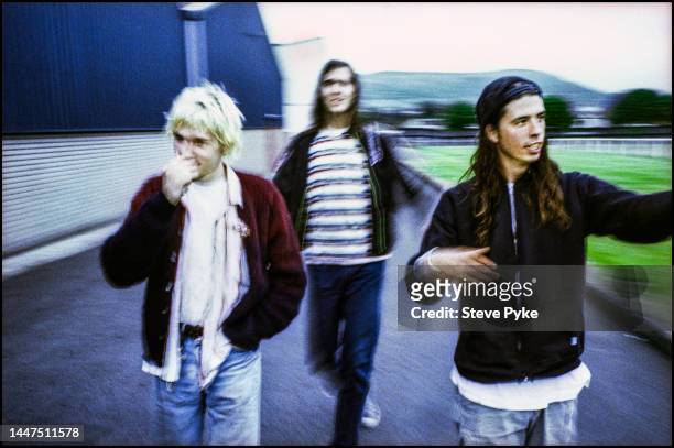 American rock group Nirvana, Belfast, 1992. Left to right: guitarist/singer Kurt Cobain bassist Krist Novoselic, drummer Dave Grohl.