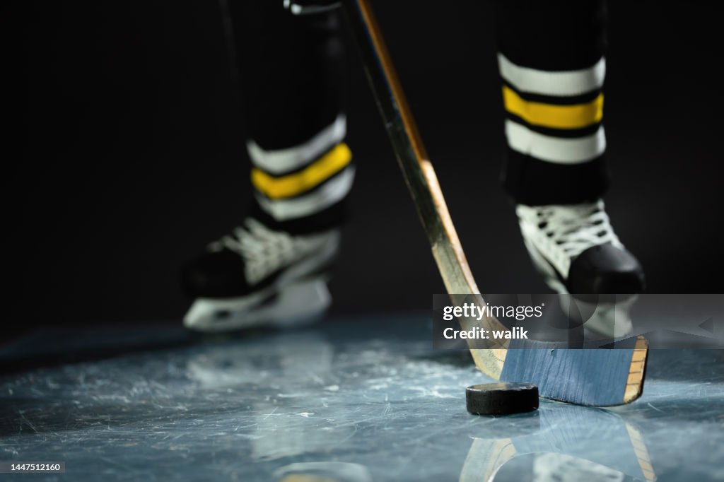 Hockey player in sports uniform and skates standing with stick in his hands.