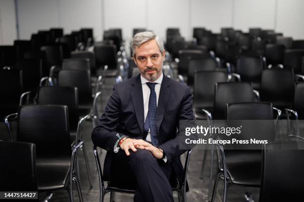 The deputy secretary of Economy of the Partido Popular, Juan Bravo, poses after an interview for Europa Press, at the national headquarters of the...