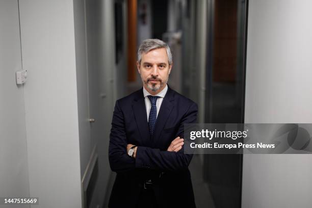 The deputy secretary of Economy of the Partido Popular, Juan Bravo, poses after an interview for Europa Press, at the national headquarters of the...