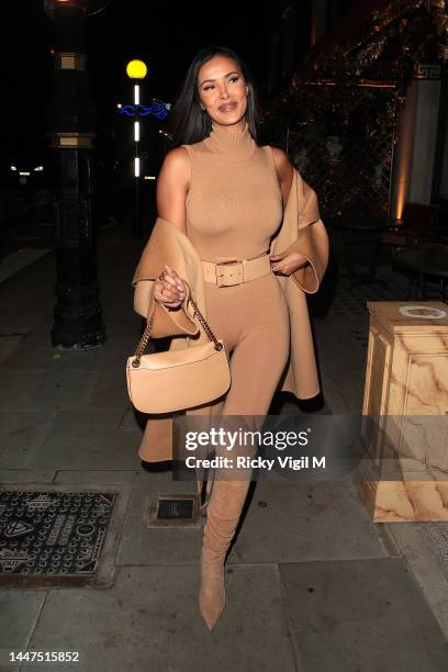 Maya Jama seen on a night out at Bacchanalia restaurant in Mayfa on December 07, 2022 in London, England.