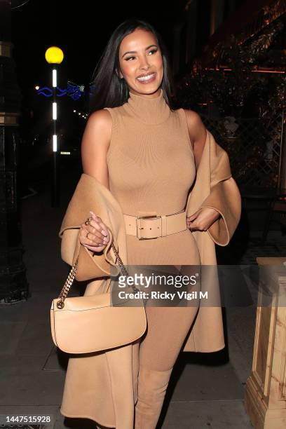 Maya Jama seen on a night out at Bacchanalia restaurant in Mayfa on December 07, 2022 in London, England.