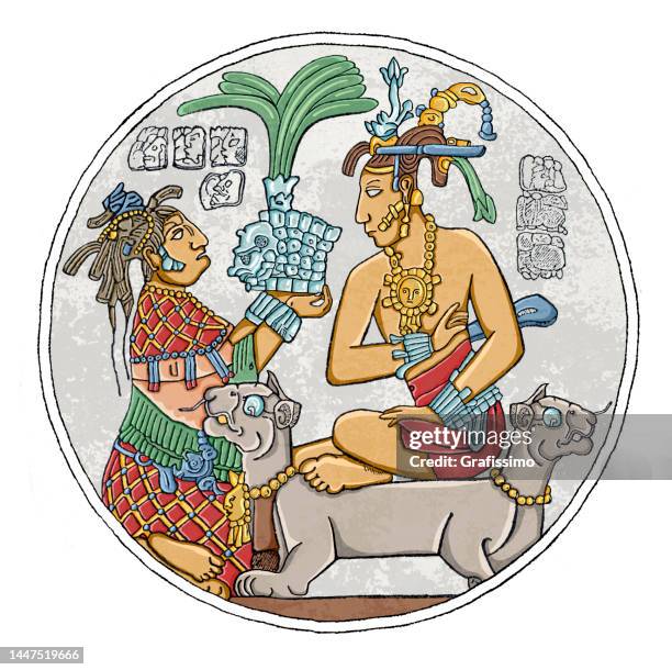 maya king enthronement of pakal in mexico illustration - chichen itza stock illustrations