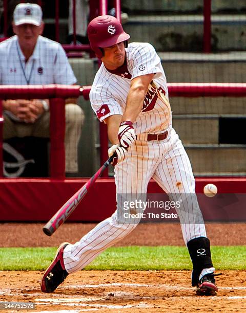 South Carolina Joey Pankake hits an RBI single in the fourth inning against LSU in the first game of a doubleheader at Carolina Stadium on Friday,...