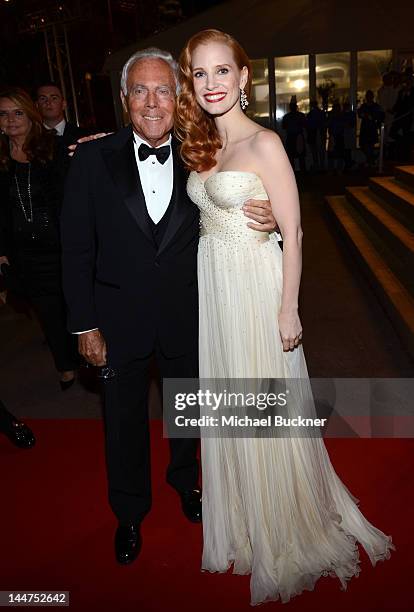 Designer Giorgio Armani and actress Jessica Chastain attend the Haiti Carnival In Cannes Benefitting J/P HRO, Artists For Peace and Justice & Happy...