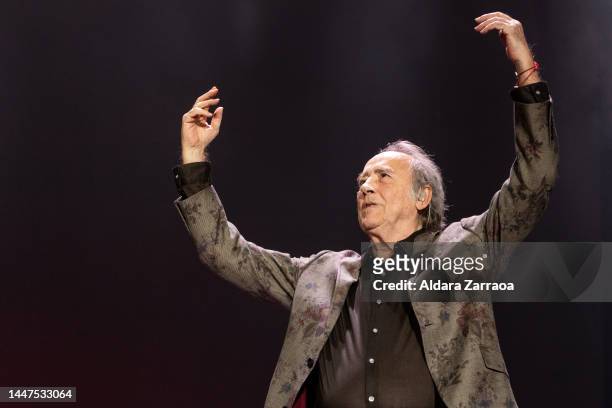 Singer Joan Manuel Serrat performs on stage at Wizink Center on December 07, 2022 in Madrid, Spain.