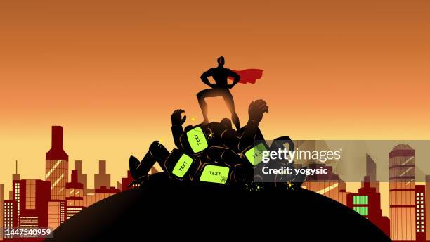 「都市のシルエットで倒された邪悪なロボットのシルエットの山の上に立つベクタースーパーヒーロー」のイラスト - 対立点のイラスト素材／クリップアート素材／マンガ素材／アイコン素材
