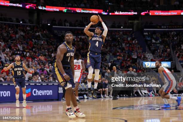 Devonte' Graham of the New Orleans Pelicans shoots during the first half against the Detroit Pistons at the Smoothie King Center on December 07, 2022...