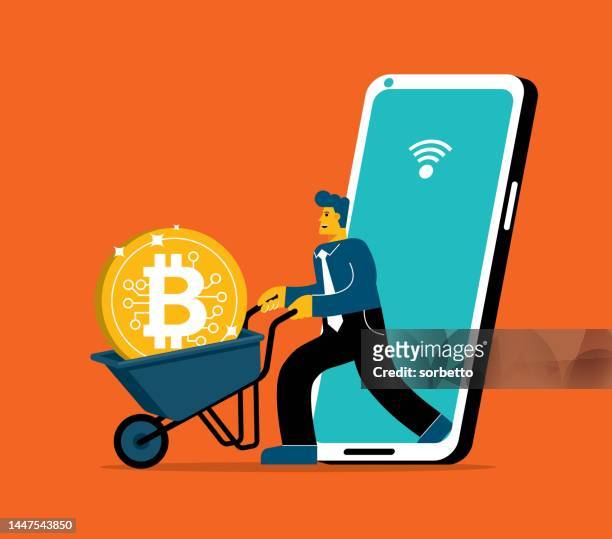 cryptocurrency - smart phone - businessman - bitcoin phone stock illustrations