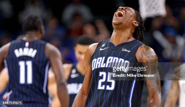 Admiral Schofield of the Orlando Magic reacts to a play during a game against the LA Clippers at Amway Center on December 07, 2022 in Orlando,...