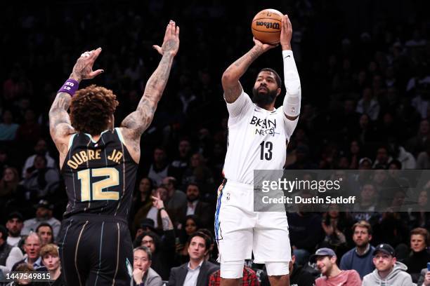 Markieff Morris of the Brooklyn Nets shoots a jump shot during the second quarter of the game against the Brooklyn Nets at Barclays Center on...