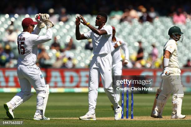 Alzarri Joseph of West Indies celebrates the wicket of David Warner of Australia during day one of the Second Test Match in the series between...