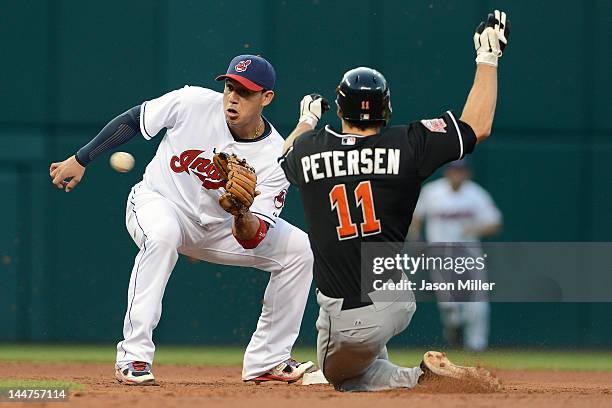 Shortstop Asdrubal Cabrera of the Cleveland Indians makes the tag as Bryan Petersen of the Miami Marlins is bought seating during the fifth inning at...