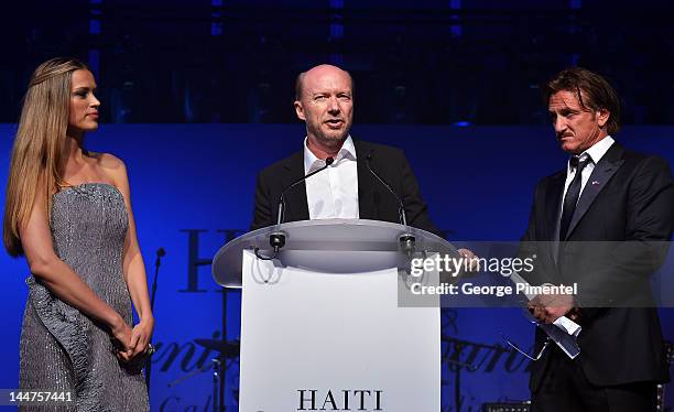 Petra Nemcova, actor Paul Haggis and Sean Penn speak onstage at the Haiti Carnival in Cannes Benefitting J/P HRO, Artists for Peace and Justice &...