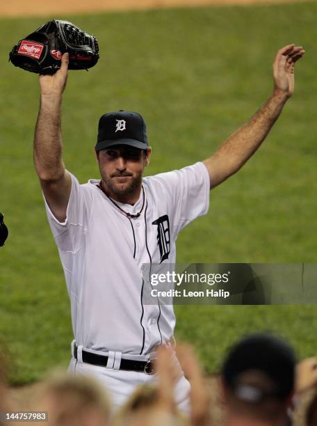 Justin Verlander of the Detroit Tigers acknowldeges the fans after giving up one hit in the ninth inning during the game against the Pittsburgh...