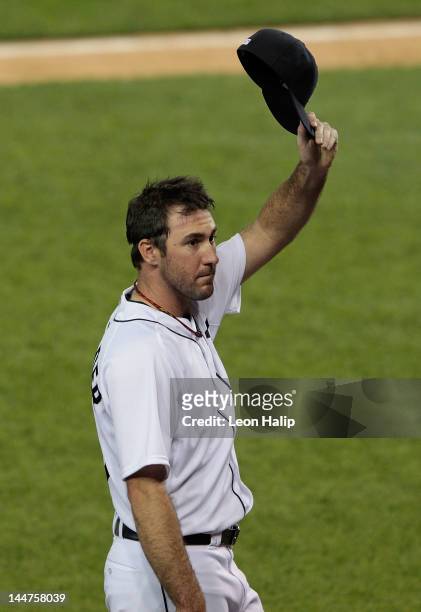 Justin Verlander of the Detroit Tigers acknowledges the fans after giving up a hit in the ninth inning during the game against the Pittsburgh Pirates...