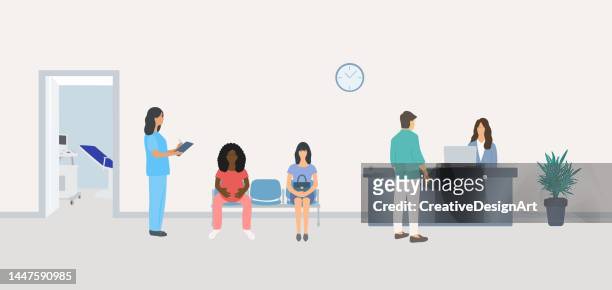 stockillustraties, clipart, cartoons en iconen met waiting room in the hospital with pregnant woman and patients waiting appointment time. woman receptionist talking with young man at reception desk - secretary of state hillary clinton visits china