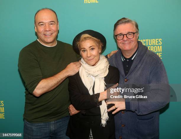 Danny Burstein, Zoe Wanamaker and Nathan Lane pose at a photo call for the new broadway play "Pictures from Home" at The Yancey Richardson Gallery on...