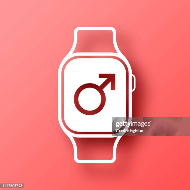 ilustraciones, imágenes clip art, dibujos animados e iconos de stock de smartwatch con símbolo masculino. icono sobre fondo rojo con sombra - símbolo masculino