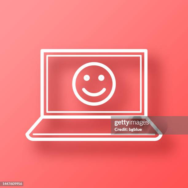 laptop with happy emoji. icon on red background with shadow - pleased face laptop stock illustrations